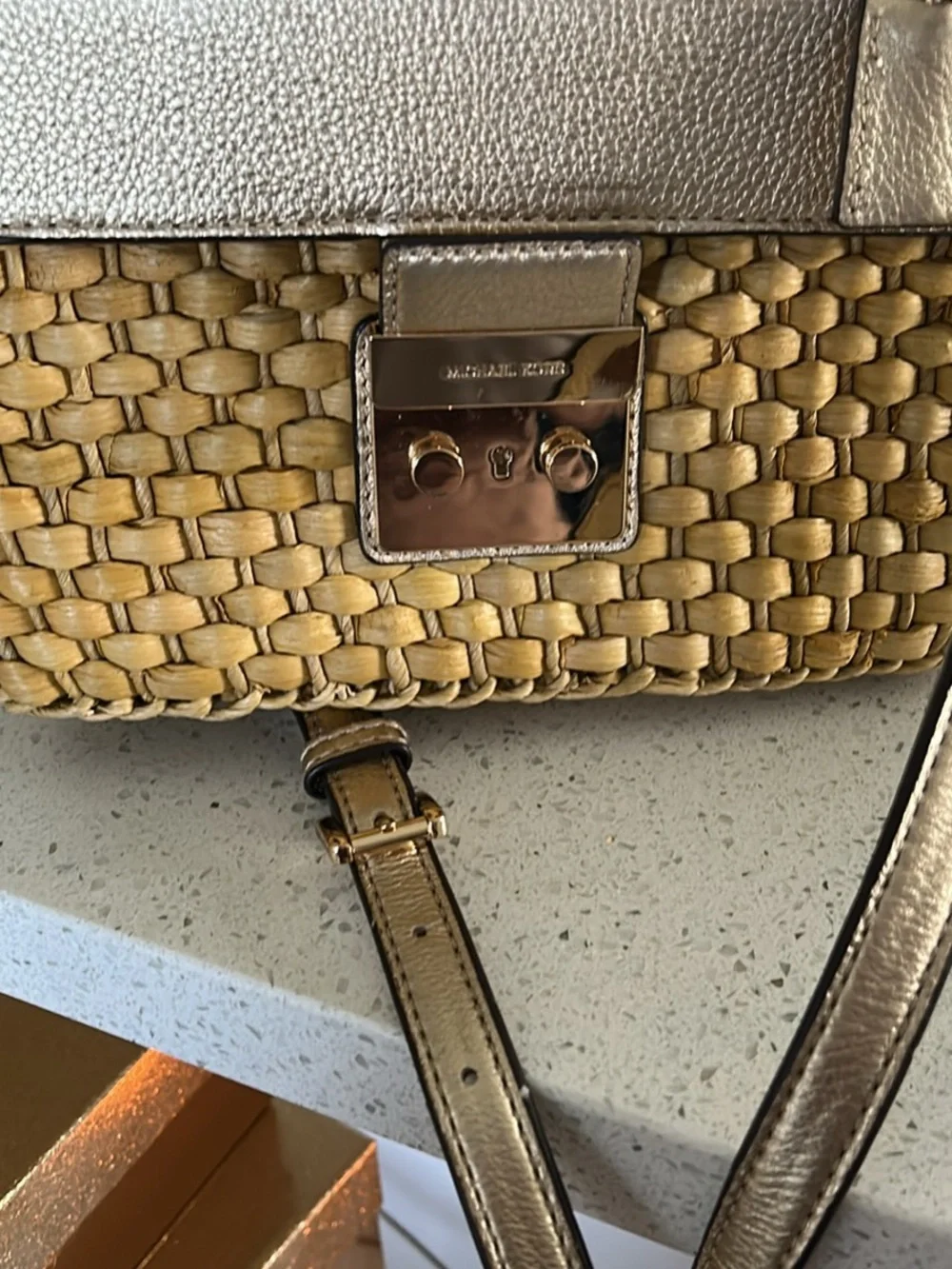 Michael Kors Woven Straw Crossbody Bag with Gold Hardware - Beige